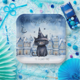 Cute Christmas Black Cat Festive Holiday Paper Plate
