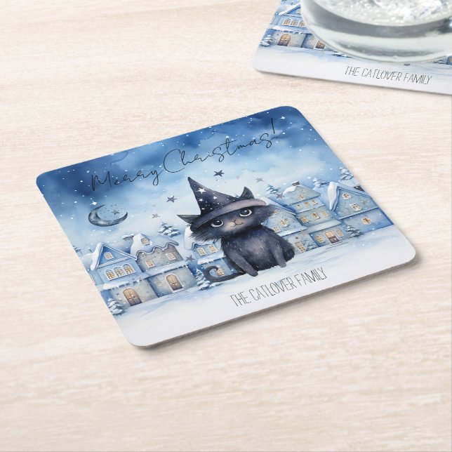 Cute Christmas Black Cat Festive Holiday Square Paper Coaster (Angled)
