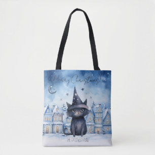 Cute Christmas Black Cat Festive Holiday Tote Bag