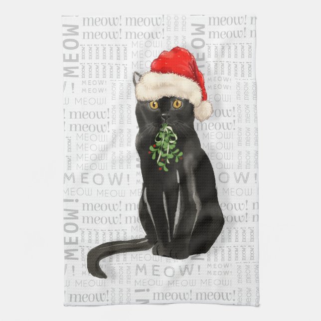 Cute Christmas Black Cat for Pet Lovers Tea Towel (Vertical)