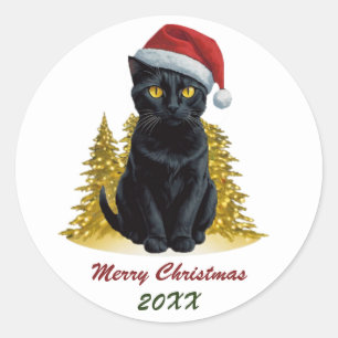 Cute Christmas Black Cat in Santa Hat Custom Classic Round Sticker