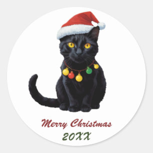 Cute Christmas Black Cat in Santa Hat Custom Classic Round Sticker
