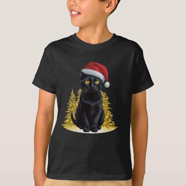 Cute Christmas Black Cat in Santa Hat Led Lights  T-Shirt (Front)