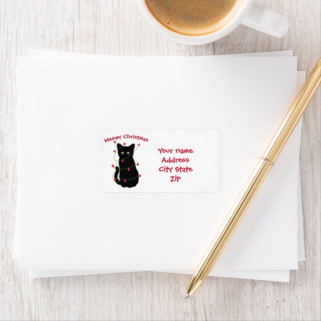 Cute christmas black cat red green holiday lights label (Insitu)