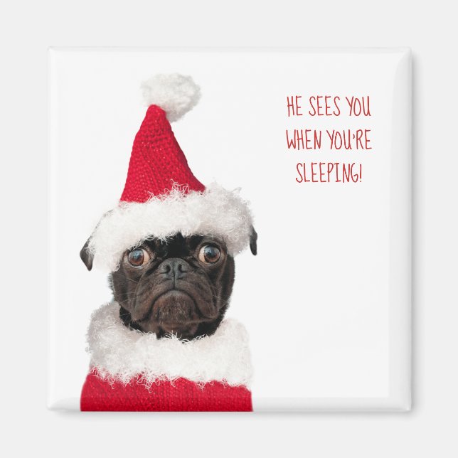 Cute Christmas Black Pug Puppy Santa Magnet (Front)