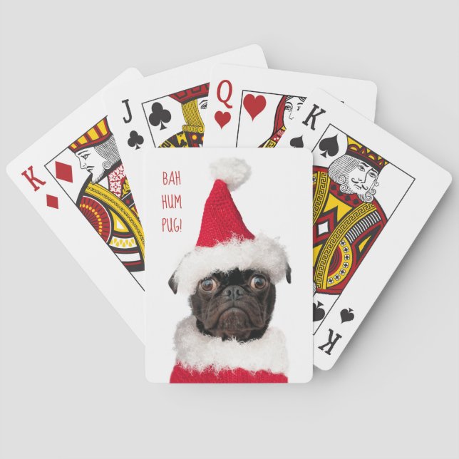 Cute Christmas Black Pug Santa Bah HumPug Playing Cards (Back)