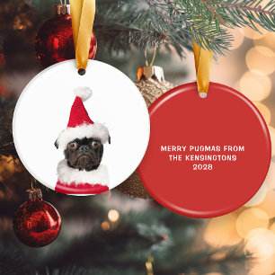 Cute Christmas Black Pug Santa Hat Ceramic Tree Decoration