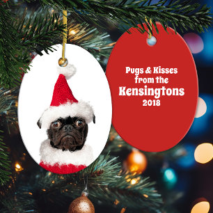 Cute Christmas Black Pug Santa Hat Ceramic Tree Decoration
