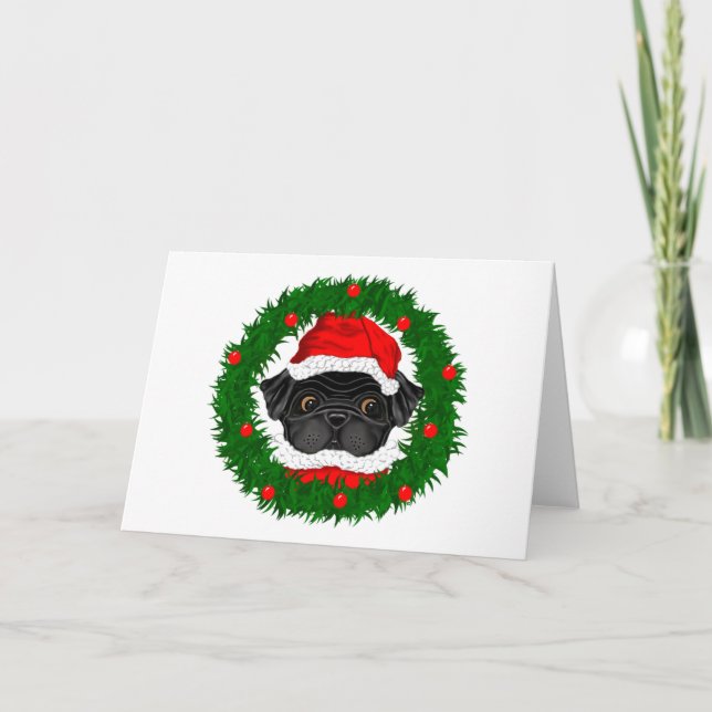 Cute Christmas Black Pug Santa in Wreath Holiday Card (Front)
