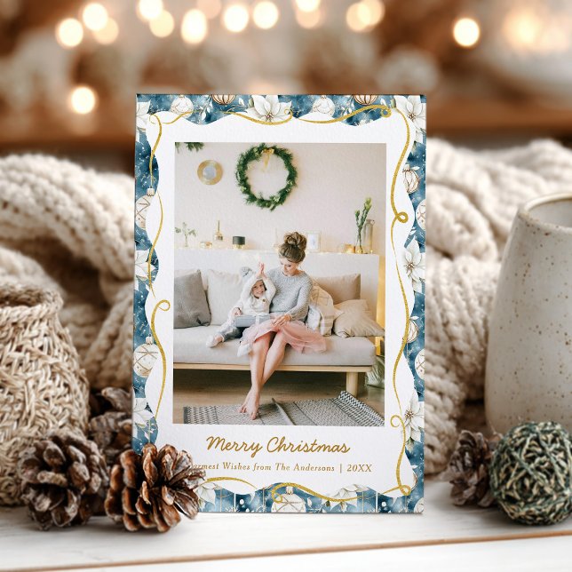 Cute Christmas Blue and Gold Pattern 1 Photo Holiday Card (Creator Uploaded)