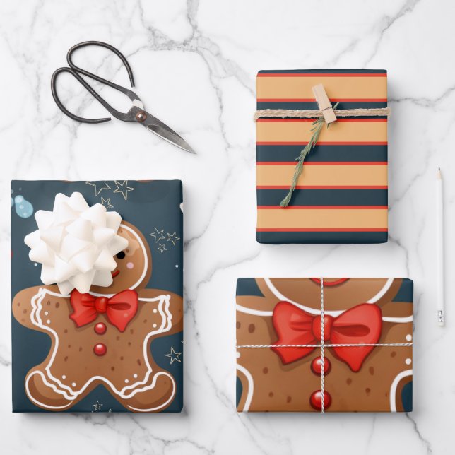 Cute Christmas Blue and Red Gingerbread Pattern Wrapping Paper Sheet (Front)