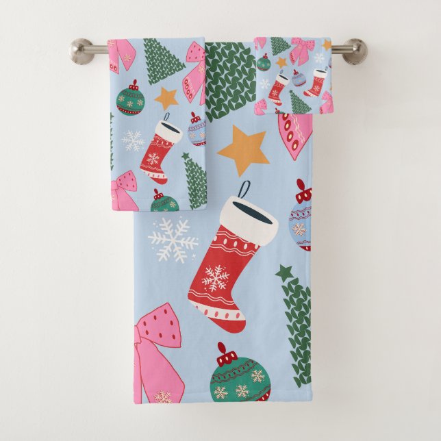 Cute Christmas Blue Bath Towel Set (Insitu)