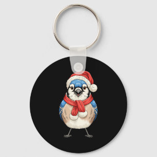 Cute Christmas Blue Jay Santa Bird Watching Key Ring