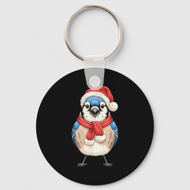 Cute Christmas Blue Jay Santa Bird Watching  Key Ring (Front)