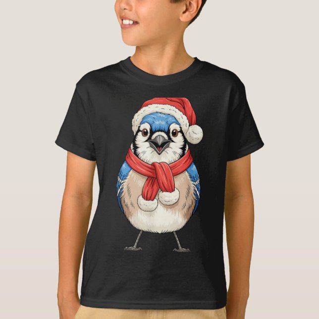 Cute Christmas Blue Jay Santa Bird Watching  T-Shirt (Front)