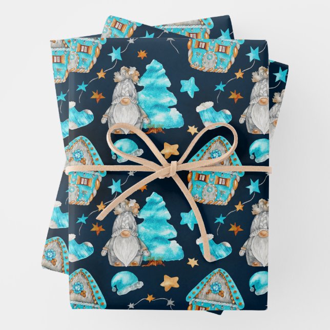 Cute Christmas Blue Scandinavian Gnomes  Wrapping Paper Sheet (In situ)