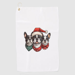 Cute Christmas Boston Terrier Dogs Santa Hat Snowf Golf Towel