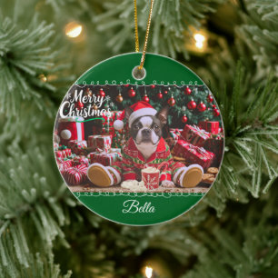 Cute Christmas Boston Terrier Pyjamas Personalised Ceramic Tree Decoration