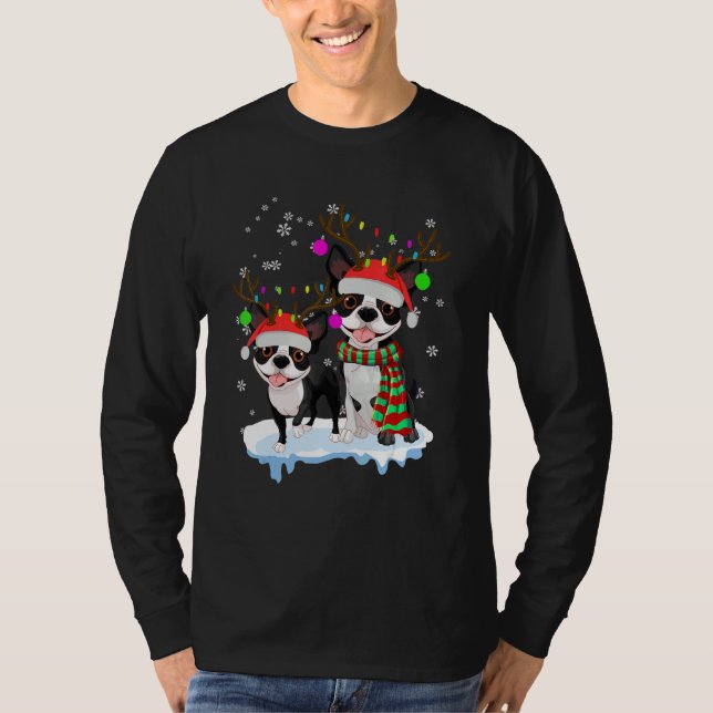 Cute Christmas Boston Terrier Santa Hats Reindeer  T-Shirt (Front)