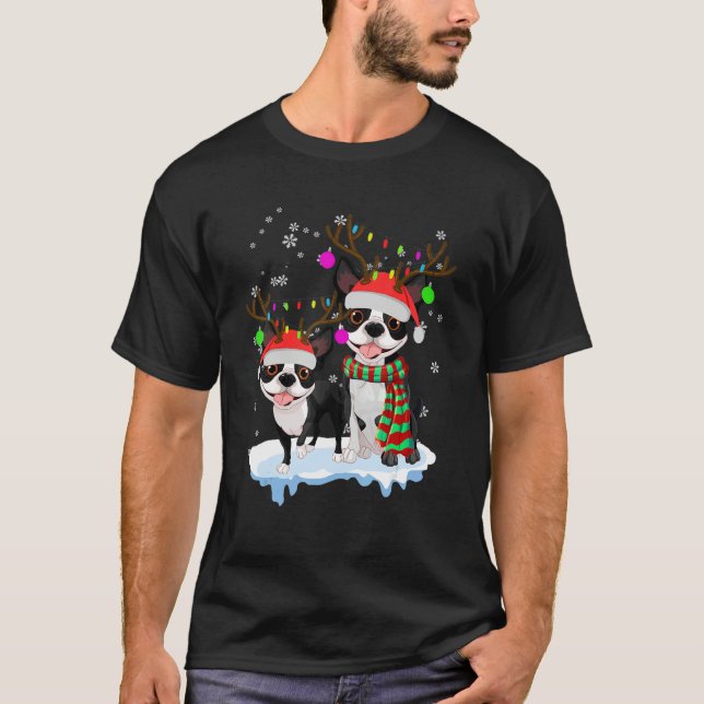 Cute Christmas Boston Terrier Santa Hats Reindeer  T-Shirt (Front)