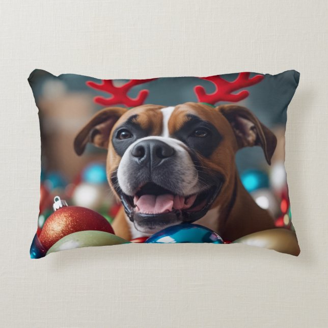 Cute Christmas Boxer Dog in Reindeer Antlers Decorative Cushion (Front)