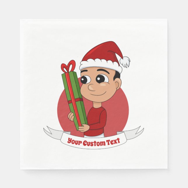 Cute Christmas boy holding a present Napkin (Front)