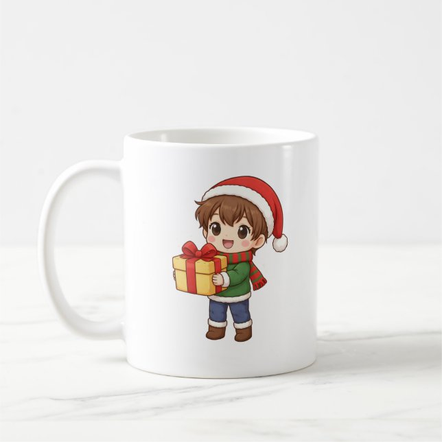 Cute Christmas Boy Holding Gift Mug (Left)