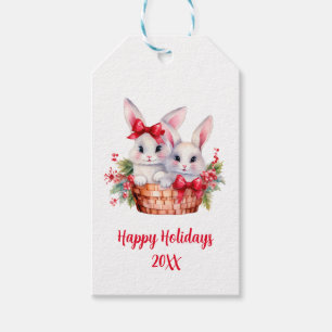 Cute Christmas Bunnies in a Basket Gift Tags