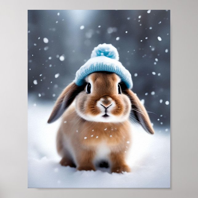 Cute Christmas Bunny in a Bobble Hat OWN ART Poster (Front)