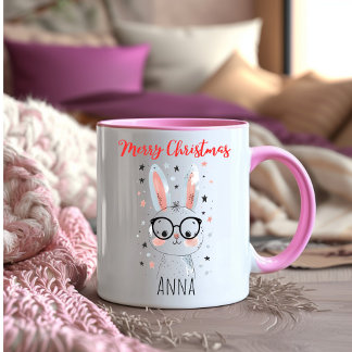 Cute Christmas Bunny in Santa Hat Coffee Two-Tone Coffee Mug