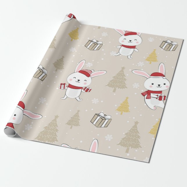 Cute Christmas Bunny Pattern Wrapping Paper (Unrolled)