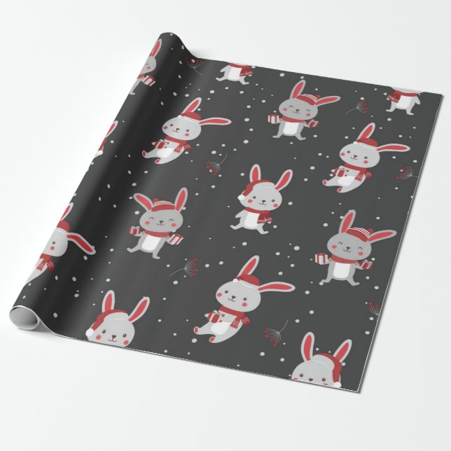 Cute Christmas Bunny Pattern Wrapping Paper (Unrolled)