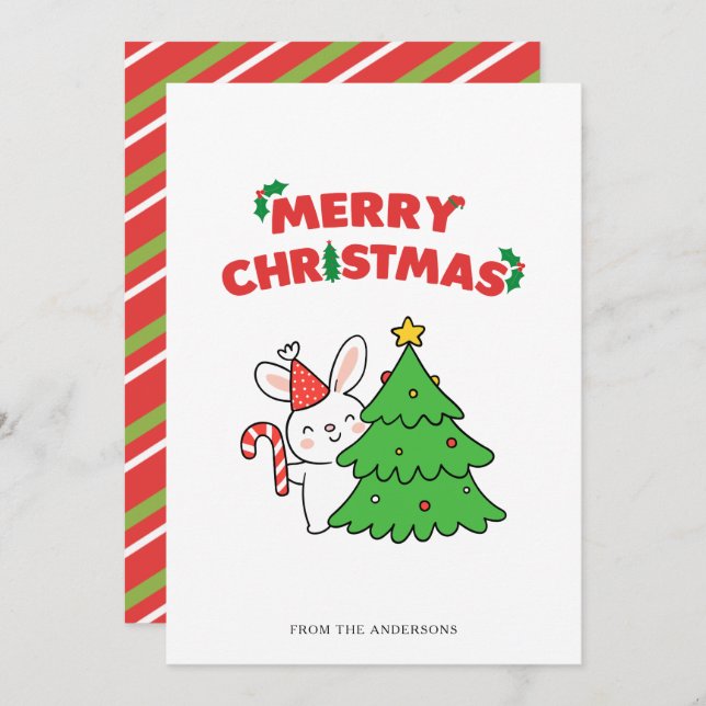 Cute Christmas Bunny Rabbit Cartoon Holiday Card (Front/Back)
