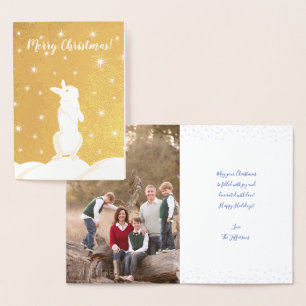Cute Christmas Bunny Snow Night Starry Sky Photo Foil Card