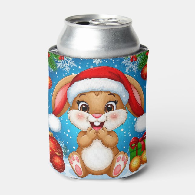 Cute Christmas Bunny Wearing Santa Hat Can Cooler (Can Front)