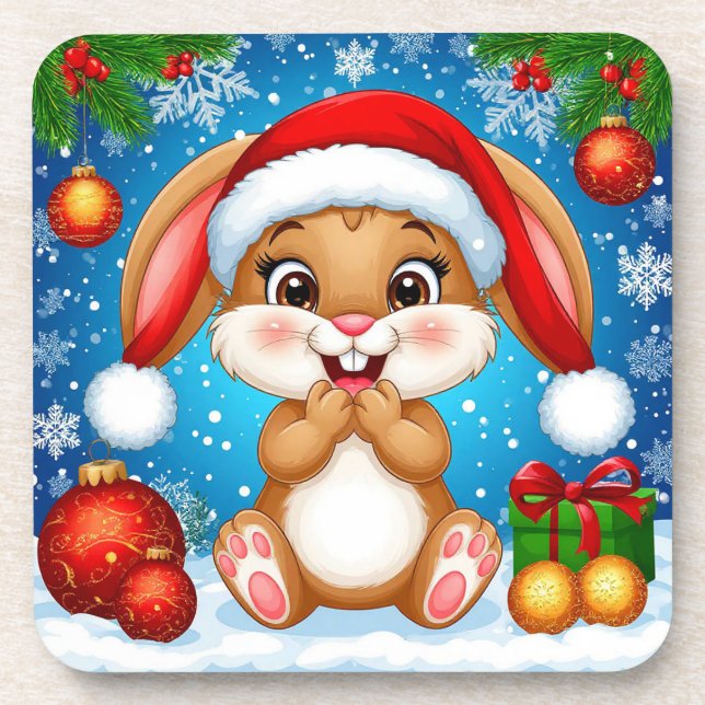Cute Christmas Bunny Wearing Santa Hat Coaster (Front)