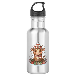 Cute Christmas Calf With Gifts Vintage Vector_1 532 Ml Water Bottle