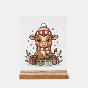 Cute Christmas Calf With Gifts Vintage Vector_1 Acrylic Sign