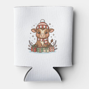 Cute Christmas Calf With Gifts Vintage Vector_1 Can Cooler