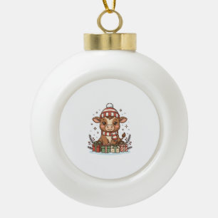 Cute Christmas Calf With Gifts Vintage Vector_1 Ceramic Ball Christmas Ornament