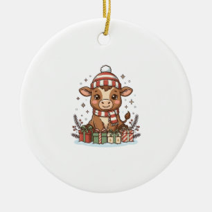 Cute Christmas Calf With Gifts Vintage Vector_1 Ceramic Tree Decoration