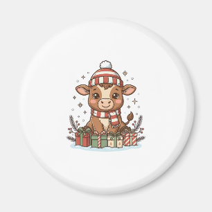 Cute Christmas Calf With Gifts Vintage Vector_1 Magnet