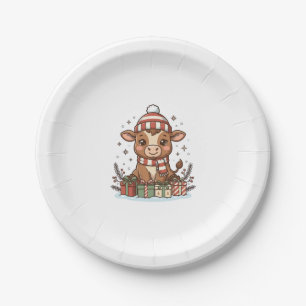Cute Christmas Calf With Gifts Vintage Vector_1 Paper Plate