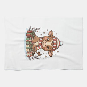 Cute Christmas Calf With Gifts Vintage Vector_1 Tea Towel
