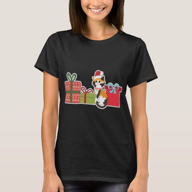 Cute Christmas Calico Cat with Santa Hat - Pet Cal T-Shirt (Front)