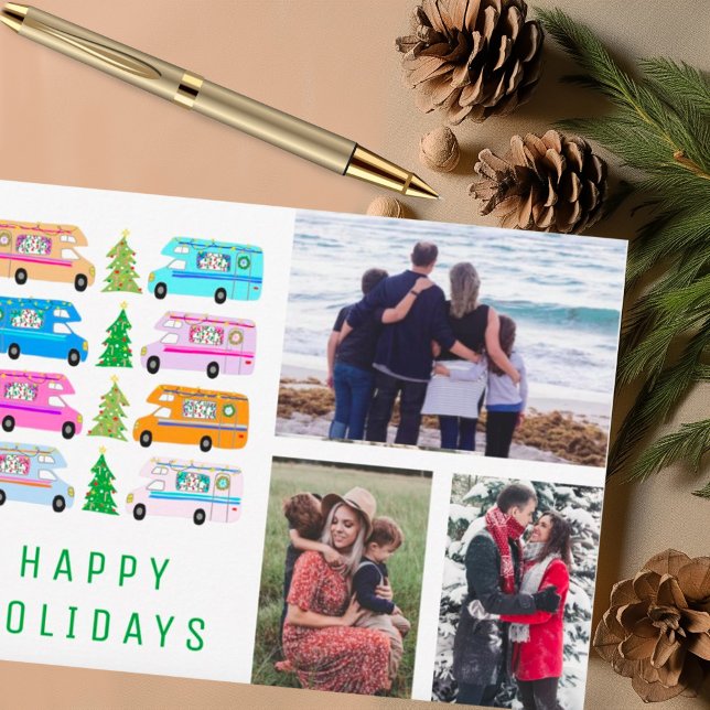 Cute Christmas Camper RV CUSTOM 3 PHOTO Holiday Card (Custom photo holiday card with cute RV theme)