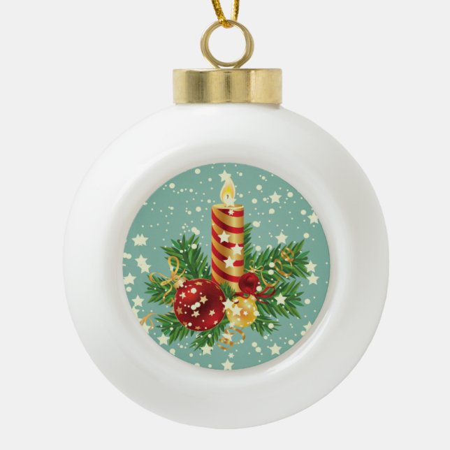Cute Christmas Candle And Sparkles Ceramic Ball Christmas Ornament (Front)