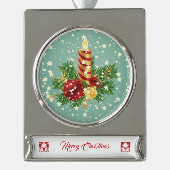 Cute Christmas Candle And Sparkles Silver Plated Banner Ornament (Front)