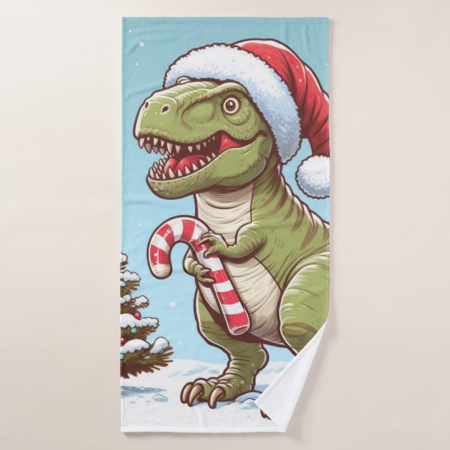 Cute Christmas candy cane dinosaur Bath Towel (Bath Towel)