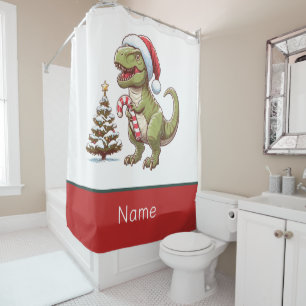 Cute Christmas candy cane dinosaur Shower Curtain